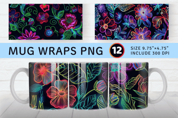 Neon Embroidery Flowers Mug Wrap Sublima